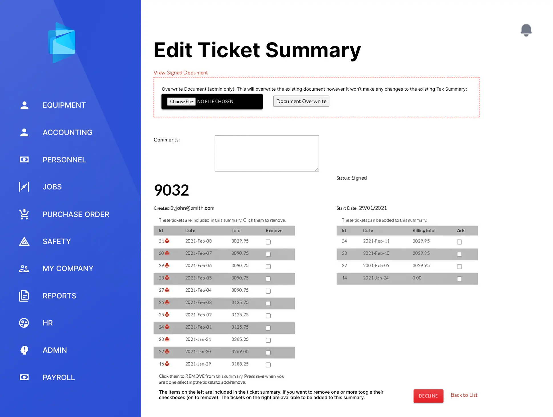 Field ticket workflow preview